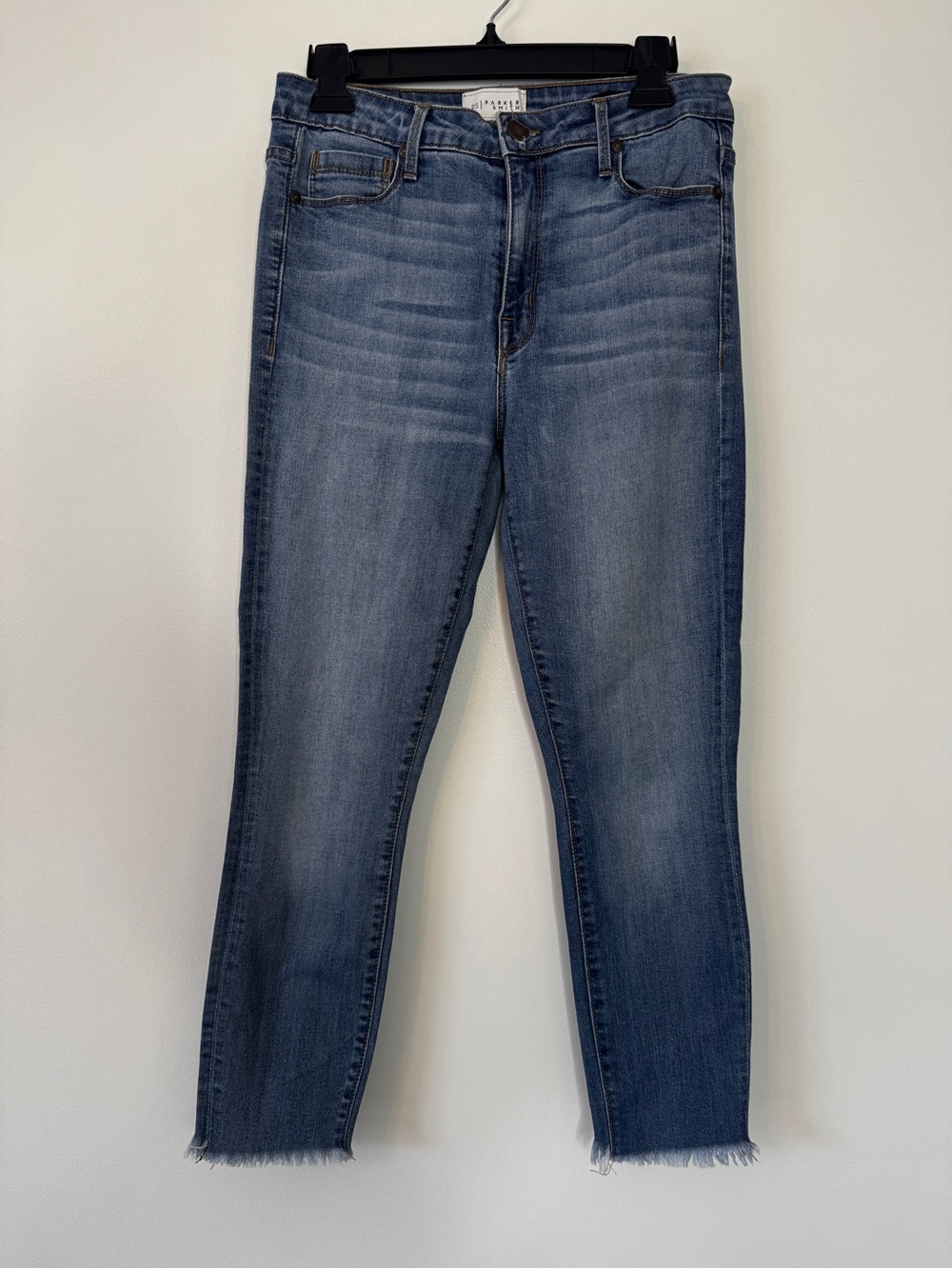 Parker Smith Skinny Jeans Medium Blue Wash Denim Whiskering Raw Hem Sz 28 *Flaw